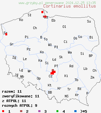 znaleziska Cortinarius emollitus na terenie Polski