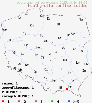 znaleziska Psathyrella cortinarioides na terenie Polski