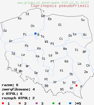 znaleziska Coprinopsis pseudofriesii na terenie Polski