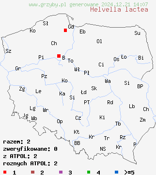 znaleziska Helvella lactea na terenie Polski