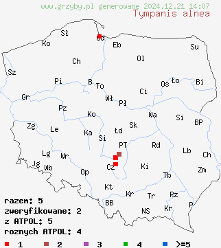 znaleziska Tympanis alnea na terenie Polski