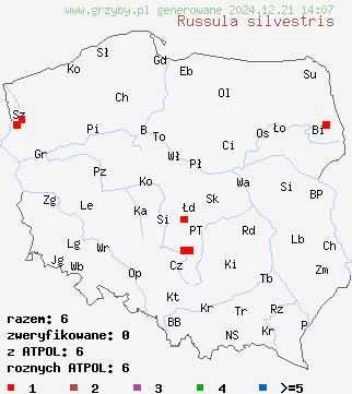 znaleziska Russula silvestris (gołąbek wiśniowoczerwony) na terenie Polski