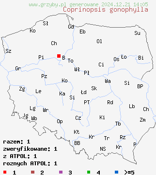 znaleziska Coprinopsis gonophylla na terenie Polski