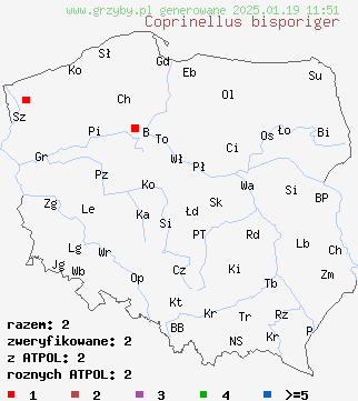 znaleziska Coprinellus bisporiger na terenie Polski