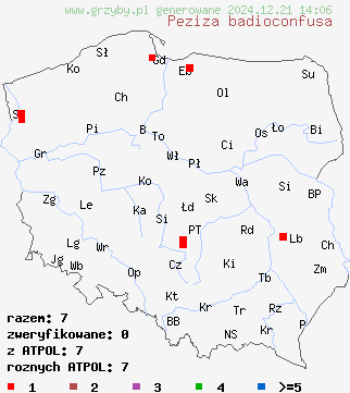 znaleziska Peziza badioconfusa na terenie Polski