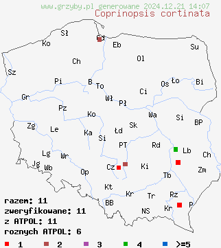 znaleziska Coprinopsis cortinata (czernidłak zasnówkowaty) na terenie Polski