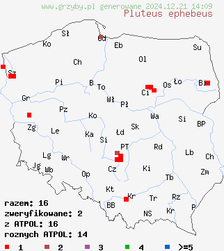 znaleziska Pluteus ephebeus (drobnołuszczak brązowoczarny) na terenie Polski