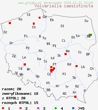 znaleziska Volvariella caesiotincta na terenie Polski