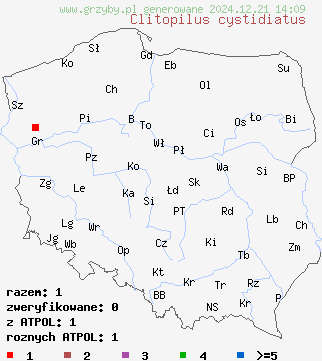 znaleziska Clitopilus cystidiatus na terenie Polski