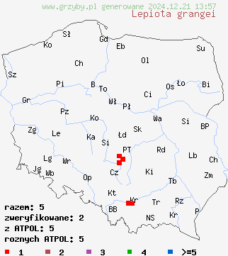 znaleziska Lepiota grangei (czubajeczka niebieskozielonawa) na terenie Polski