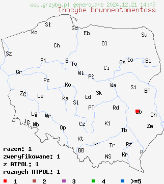 znaleziska Inocybe brunneotomentosa na terenie Polski