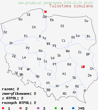 znaleziska Tulostoma simulans na terenie Polski