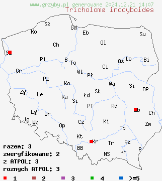 znaleziska Tricholoma inocyboides na terenie Polski