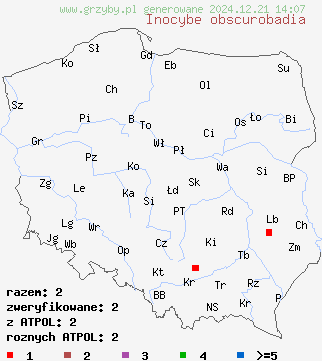 znaleziska Inocybe obscurobadia na terenie Polski