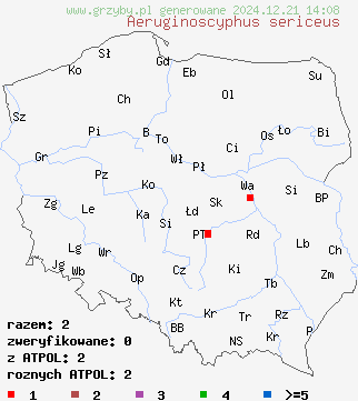 znaleziska Aeruginoscyphus sericeus na terenie Polski