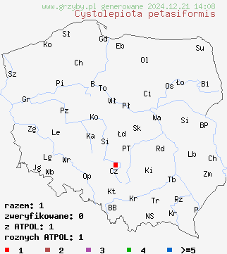 znaleziska Cystolepiota petasiformis na terenie Polski