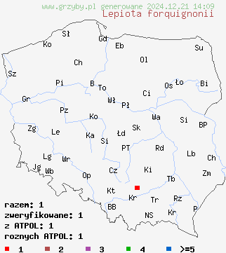 znaleziska Lepiota forquignonii na terenie Polski