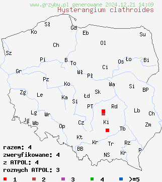 znaleziska Hysterangium clathroides na terenie Polski