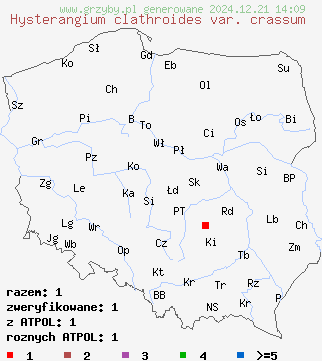 znaleziska Hysterangium clathroides var. crassum na terenie Polski