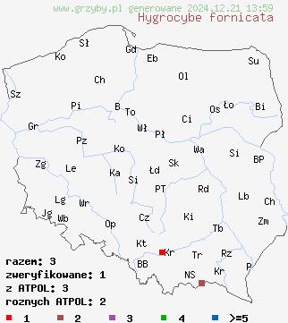 znaleziska Hygrocybe fornicata (wilgotnica sklepiona) na terenie Polski