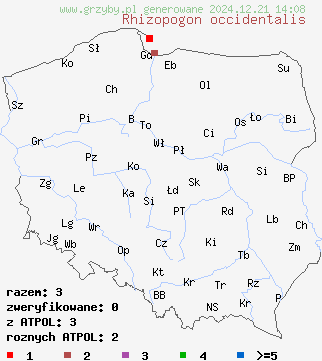 znaleziska Rhizopogon occidentalis na terenie Polski