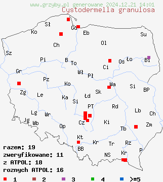 znaleziska Cystodermella granulosa (ziarnóweczka gruzełkowata) na terenie Polski