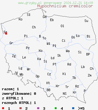 znaleziska Hypochnicium cremicolor na terenie Polski