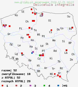 znaleziska Delicatula integrella (żyłkoblaszka wklęsłokapeluszowa) na terenie Polski