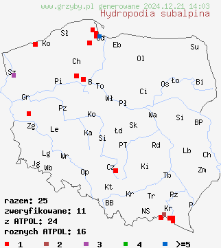 znaleziska Hydropodia subalpina (mokronóżka bukowa) na terenie Polski