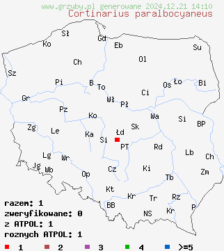 znaleziska Cortinarius paralbocyaneus na terenie Polski