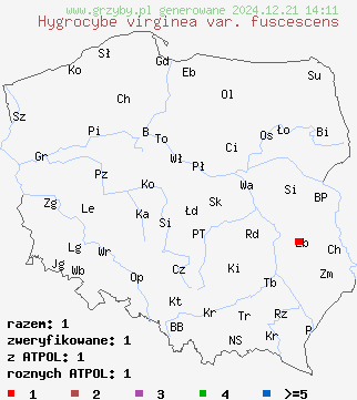 znaleziska Hygrocybe virginea var. fuscescens na terenie Polski