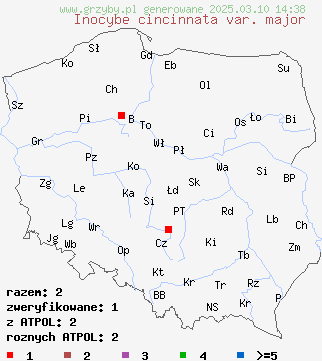 znaleziska Inocybe cincinnata var. major (strzępiak ciemny) na terenie Polski