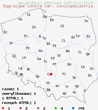 znaleziska Hygrocybe conica var. conicopalustris na terenie Polski