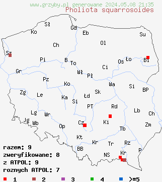 znaleziska Pholiota squarrosoides (łuskwiak rdzawołuskowy) na terenie Polski