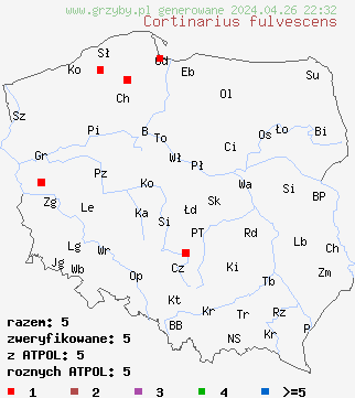 znaleziska Cortinarius fulvescens na terenie Polski