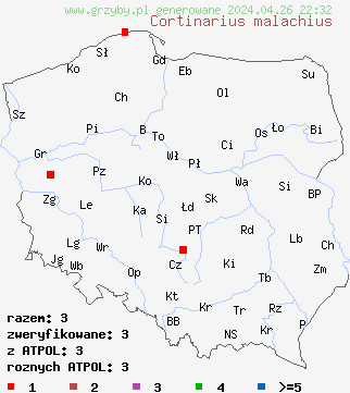 znaleziska Cortinarius malachius na terenie Polski