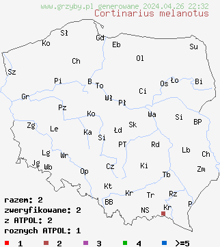 znaleziska Cortinarius melanotus na terenie Polski