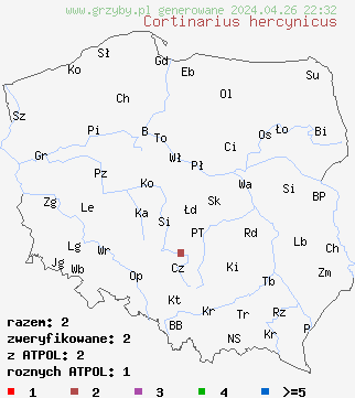 znaleziska Cortinarius hercynicus na terenie Polski