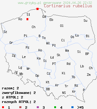 znaleziska Cortinarius rubellus na terenie Polski
