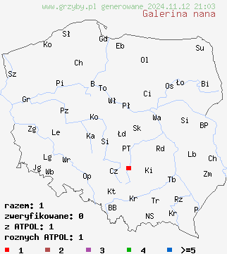 znaleziska Galerina nana (hełmówka drobna) na terenie Polski