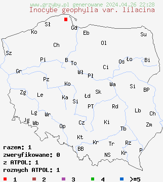 znaleziska Inocybe geophylla var. lilacina na terenie Polski