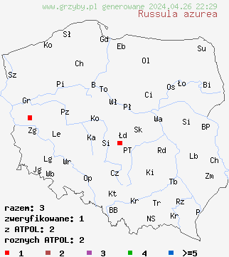 znaleziska Russula azurea na terenie Polski