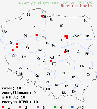 znaleziska Russula badia na terenie Polski