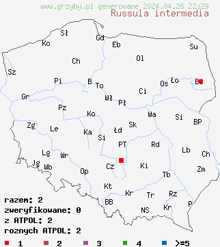 znaleziska Russula intermedia na terenie Polski