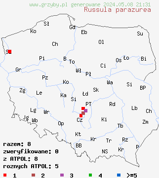 znaleziska Russula parazurea (gołąbek chmurny) na terenie Polski