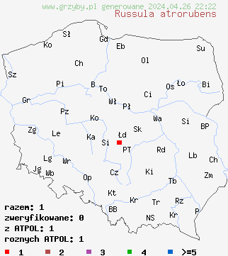znaleziska Russula atrorubens na terenie Polski