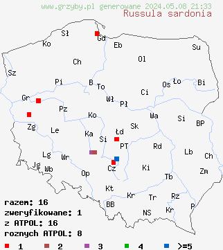 znaleziska Russula sardonia (gołąbek czerwonofioletowy) na terenie Polski