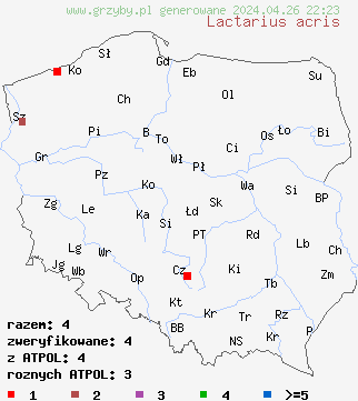 znaleziska Lactarius acris na terenie Polski