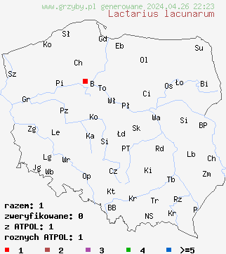 znaleziska Lactarius lacunarum na terenie Polski