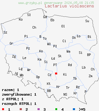 znaleziska Lactarius violascens na terenie Polski